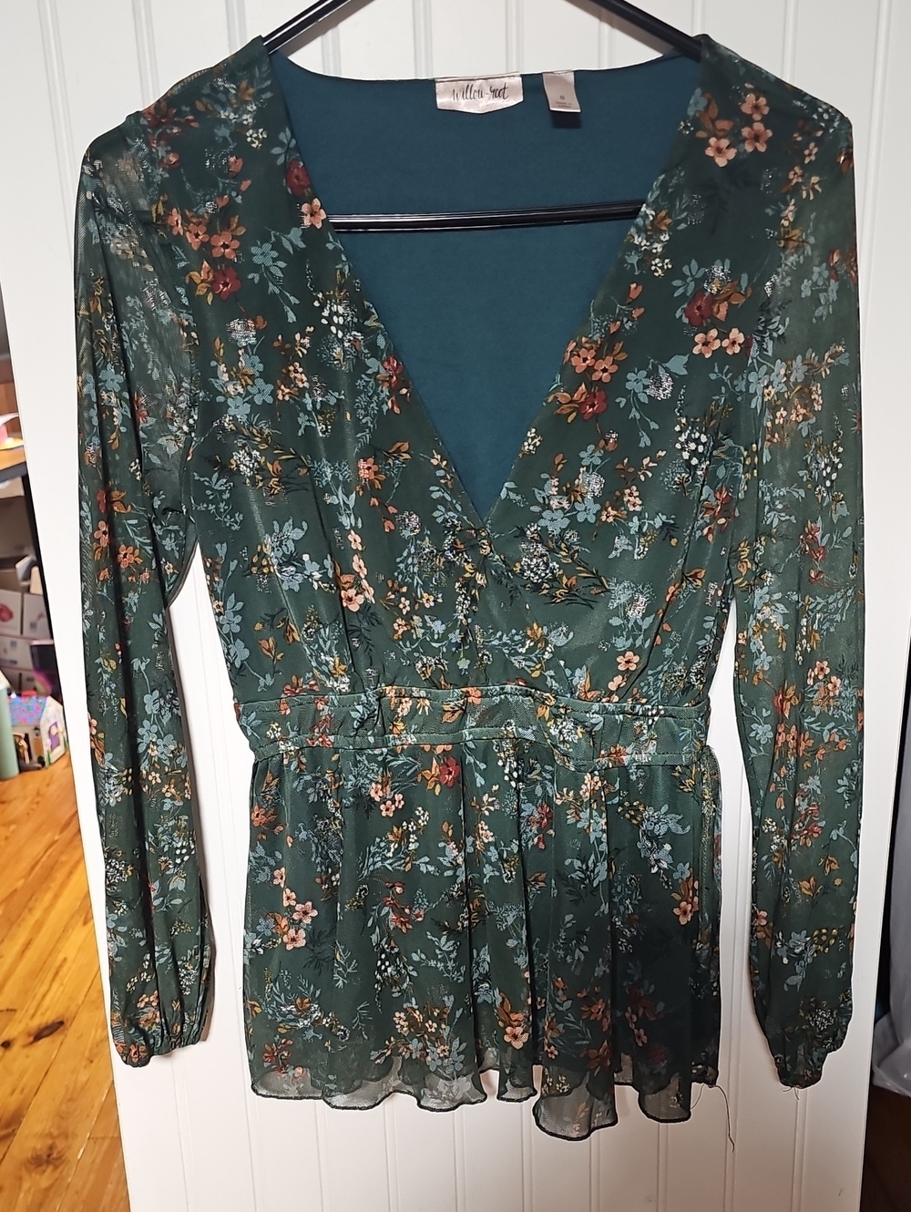 Floral V-Neck Peplum Blouse in Teal Green